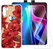 ESACMOT Red Flowers Pattern Case Compatible with Vsmart Active 3 + [2 Pack] Screen Protector Tempered Glass, Shockproof Case Cover for Vsmart Active 3 (6.39 inch)