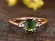 925 Silver Natural Green Tourmaline 14K Gold Plated Emerald Cut Engagement Ring