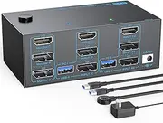 8K KVM Switch 3 Monitors 2 Computers Triple Monitor 2 Displayport 1.4 and HDMI 2.1 USB 3.0 KVM Switches, DP 1.4 Supports 8K@30Hz/4K@144Hz, HDMI Supports Max 8K@60Hz /4K@120Hz with Wired Remote Control