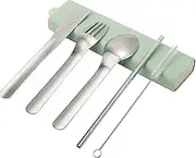 Exzact Cutlery 5pcs - Spoon Fork Knife Straw Cleaning-Brush in a Carry Case, 18/10 Stainless Steel, Portable Travel Camping- Korean Japanese Bento - Dishwasher Safe