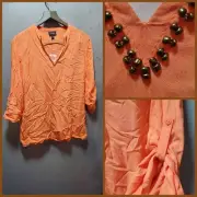 Nicole Miller Orange Embellished V Neck Roll Tab Adj Sleeve Blouse Top ~ M M3020