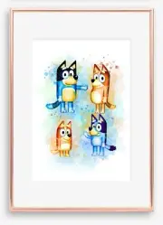 A4 Nursery/Baby/Kids Wall Print Blue Cartoon Watercolour Dog Cartoon Tv Show
