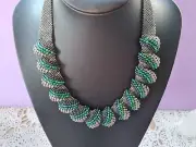 Flat Cellini Wave Stitch Glam Boho Necklace Emerald Green Japanese Seed Beads