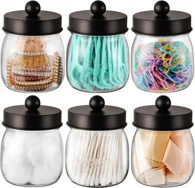 6 Pack Qtip Holder Bathroom Set, SheeChung Plastic Mason Jar 6 Pack, Bronze