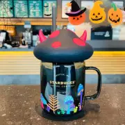 New Starbucks Halloween Mushroom Mason Ox Horn 18oz Black Straw Glass Cup Gift