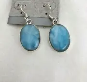 Sterling Silver .925 Larimar Oval Shape 1/2" x 1 1/2" Earrings