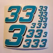 Teal w/ white & black #3's Racing Numbers Vinyl Decal Sheet 1/10-1/12 slash