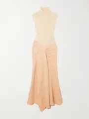 [Victoria Beckham] Victoria Beckham - Asymmetric Draped Gathered Ribbed-knit And Crepe Midi Dress - Peach - UK 10 UK 10 Orange