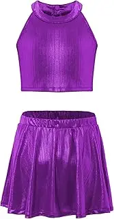 [FEESHOW] Girls Metallic Dance Hip Hop Outfits Sleeveless Crop Top with Pleated Skirt Shiny Dance Costume 80s Jazz Dancewear