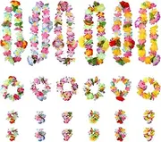 Hawaiian Leis Luau Party Decorations, 24 PCS Leis for Luau Party, Colorful Tropical Hawaii Flower Leis Necklace Headbands and Wristbands for Hawaiian Birthday Summer Beach Party Decorations Supplies