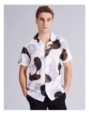 [Blaq] Amir Abstract Print Short Sleeve Linen Blend Shirt in White