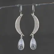 Silvertone Hammered Moon w/ White Rutile Earrings