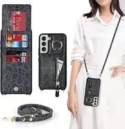 [Cavor] Vertical Flip Cover for Samsung Galaxy S21 FE Leather Case 6.4'' Crossbody Wallet Card Slots with 360°Rotation Ring Holder Kickstand & Long Shoulder Lanyard Strap-Black Leopard
