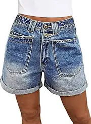 [Flamingals] High Waisted Denim Shorts for Women Trendy Double Button Roll Hem Jean Shorts with Patch Pocket Summer Casual