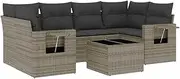 vidaXL Garden Sofa Set - 7 Piece Grey Poly Rattan Outdoor/Patio Furniture with Cushions - Modular Design, Tempered Glass Table & Foldable Side Tables