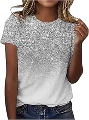 LMSXCT Women's Sparkle Short Sleeve Tee Round Neck Sparkly T Shirts Glitter Loose Blouse Shiny Party Tops 2024 Summer Shirts