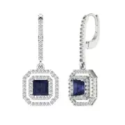 3.2 Princess Cut RD Halo Blue Sapphire Lever back Earrings 14k White Gold