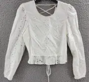 AQUA Cotton Eyelet Lace Up Top Women's XL White Open Back Crewneck Long Sleeves~