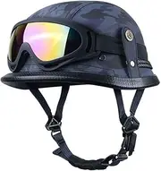German Style Motorcycle Leather Open Face Helmet Retro Half Helmet + Goggles Men Women Motorcycle Half Face Jet Style Half Shell Helmet for Cruiser Scooter Moped DOT Approved