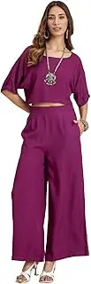 [Moomaya] Round-Neck 2 Pcs Rayon Co-Ord Set, Crop Top With Flared Palazzo Pants