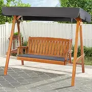 ALFORDSON Outdoor 3-Seater Swing Chair Bench with Adjustable Canopy Teak, Wooden Armchair for Patio Garden Park Porch, UV-Resistant Fir Wood Furniture Lounge with Seat Cushion, 380kg Max