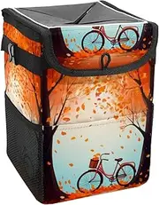 Car Trash Can with Lid and Storage Pockets Leak-Proof Organizer,Waterproof Garbage Can,Autumn Tree Leaf Bike Pattern