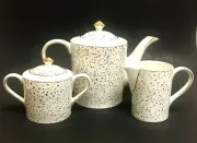 GRACE'S 3 PC SET WHITE+METALLIC POLKA DOT,COFFEE,TEA POT,CREAMER,SUGAR,TEAPOT