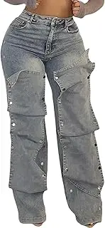 [NRTHYE] Women Cargo Jeans High Waisted Straight Wide Leg Jeans Pants Button Detachable Denim Cargo Trousers