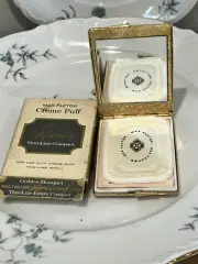 VINTAGE MAX FACTOR REGENCY CREME PUFF GOLD METAL COMPACT GOLDEN BOUQUET NEW
