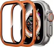 2 Pack Case for Apple Watch Ultra 2/Ultra 49mm, 9H Tempered Glass + Titanium Alloy Frame, [Keep Original] [Touch Sensitive] Lightweight Protective Screen Protector for iWatch, Orange