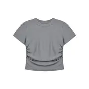 Short-Sleeve Round Neck Plain Crop Slim Fit Tee / High Rise Plain Maxi A-Line Skirt T-Shirt - Gray - One Size