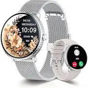 LES FLEURS Smart Watches for Women with 2 Bands, 1.19" AMOLED Womens Smartwatch Answer/Make Calls for iOS Android, IP68 Fitness Trackers with Sleep Heart Rate SpO2 Blood Pressure Monitor Female Cycle