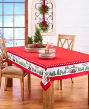 Red Holiday Tree Farm Fabric Tablecloth Red Truck Evergreen Snow Table Linen