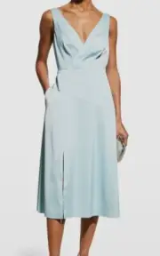 $246 Aidan By Aidan Mattox Women's Blue V-Neck Pleated Satin MIDI Dress Size 4