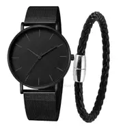 Men’s Ultra Thin Magnetic Bracelet Quartz Watch - All-Black Slim Mesh Steel