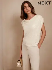 Ecru Drape Sleeveless Sequin Top (AW6698) | $79