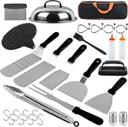 Griddle Accessories Kit,29Pcs Stainless Steel BBQ Tool Set,Cast Iron Meat Press Board, Outdoor Grill Accessories, Includes Grill Flipper, Hamburger Press, Oil Brush, and Storage Bag
