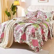 Cmfshape Romantic Patchwork Quilt Set Queen Size,Reversible Bedspread Coverlet 3-Piece,Floral Bed Cover Set with Pillow Shams,Lightweight Microfiber Bedding Set for All Season (Pink&Green,90x90)