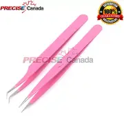 2 Pcs Pink Stainless Steel Tweezers for Eyelash Extensions, Straight and Curved