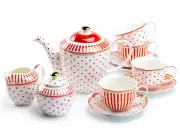 Grace Teaware Red Josephine Stripes and Dots Fine Porcelain 11-Piece Tea Set