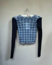 Zara Women's Contrast Knit Cropped Sweater Top Size Small Blue Plaid Mesh New