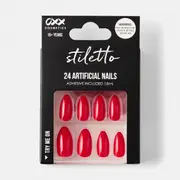 OXX Cosmetics 24 Pack Artificial Nails with Adhesive - Stiletto Shape, Red