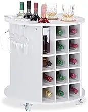 Relaxdays Shelf with 360° Casters, 6 Glass Holders, Wine Storage for 17 Bottles, Round, White, H x Diameter: app. 56 x 54 cm
