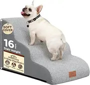 Zerbuger 3-Step Dog Stairs for Small Dogs 16" H, Curved Pet Steps for Old/Injured Dogs Cats Climbing Bed, Chair or Couch, Premium Foam Non-Slip Ramp for Indoor Pets up to 50lbs, Light Grey