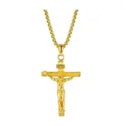 Men Stainless Steel Gold Silver Black Jesus Crucifix Pendant Chain Necklace Gold