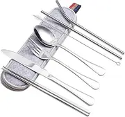 Travel Utensils Set with Case, 8 Piece Portable Stainless Steel Reusable Travel Cutlery Set, Travel Camping Flatware Set Including Dinner Knife Fork Spoon Chopsticks Straws, Silver