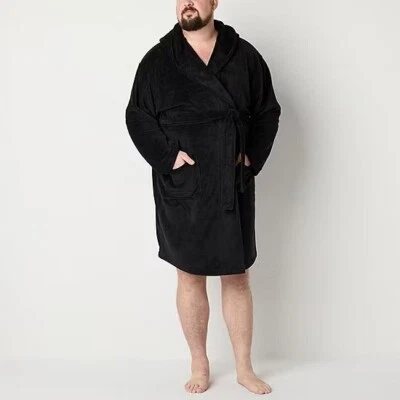 NWT St. John's Bay Mens XL-2XL Soft Plush Long Length Hooded Robe Black Bathrobe