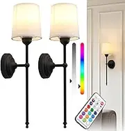 Buyee Vintage Industrial Wall Lamp Set of 2 Hardwired Wall Sconce Light Decor with Remote Control and Dimmable Bulbs White Fabric Shade Lighting Fixture for Bedroom Living Room Hallway (Black)