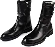 [Generic] Genuine Leather Combat Boot for Men Mid-Calf Boot Pull On Easy Care Buckles Strap Zipper Waterproof Block Heel Round Toe Men's Leather Shoes