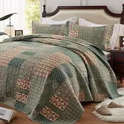 [LEAONME] Quilt Set - Full/Queen Size Floral Paisley Olive Green Bedding Set with 2 Pillow Shams